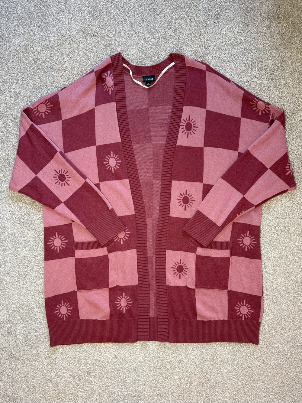 torrid Checkerboard Sun Motif Open Cardigan - Pink & Maroon